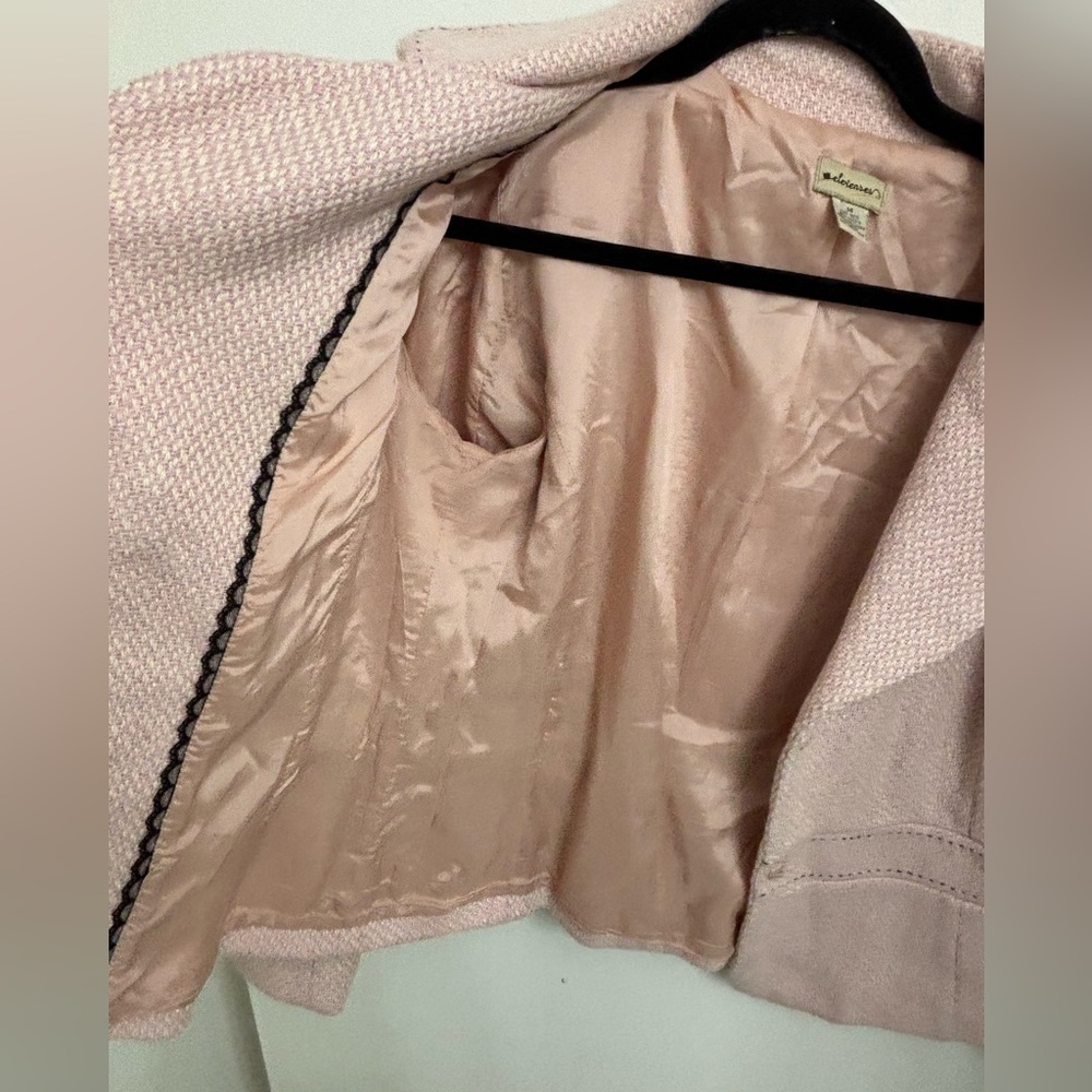 Anthropologie Elevenses pink tweed cropped blazer with back bow - Picture 7 of 14